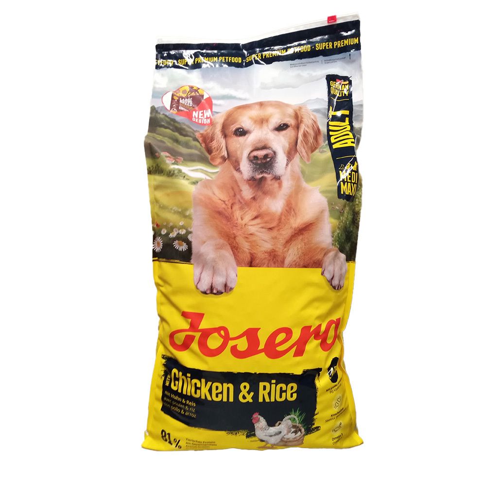 Sac jaune Josera Chicken & Rice. Image d'un chien. Texte : Adult, Medi/Maxi.