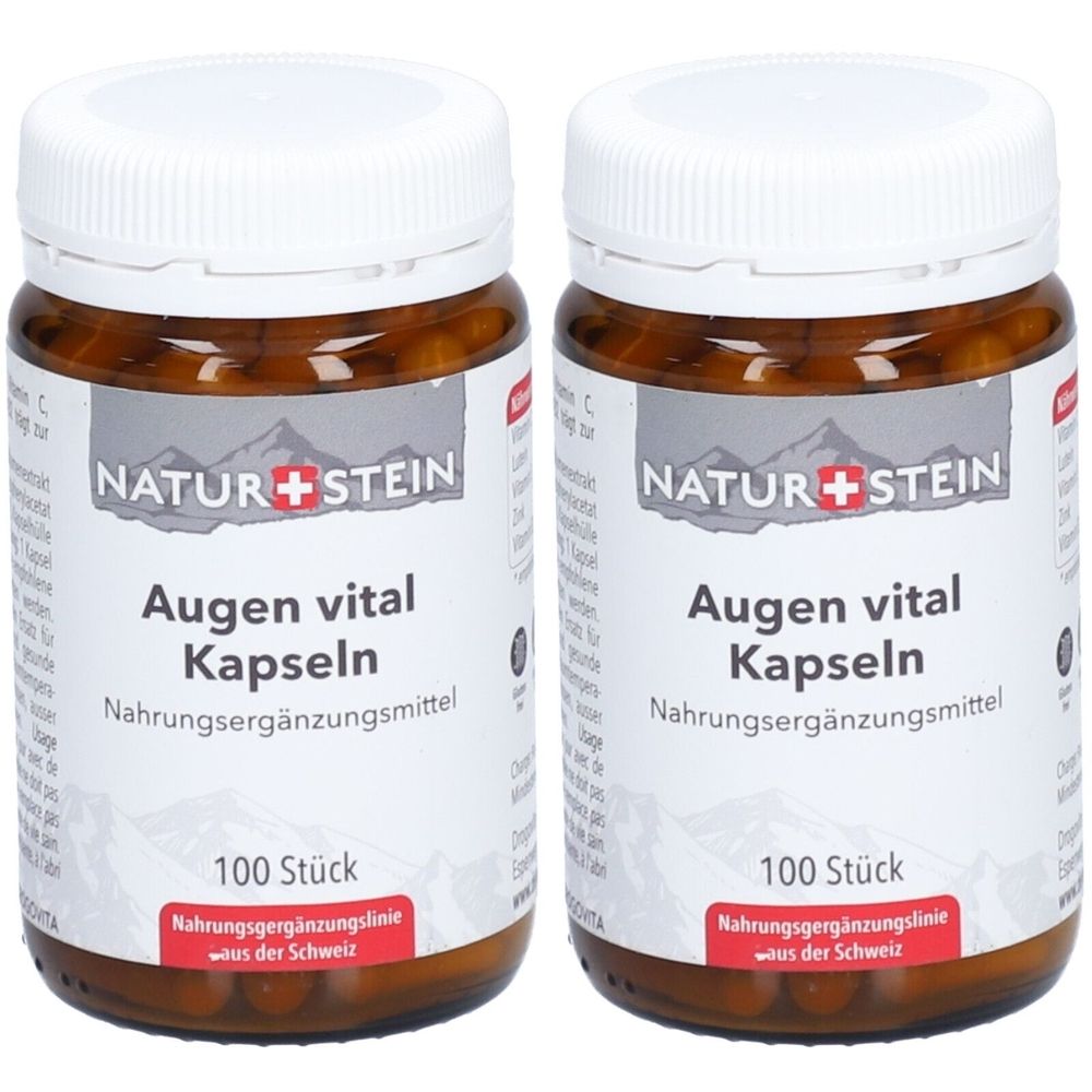 Deux flacons en verre brun avec des couvercles blancs. Les étiquettes indiquent "NATUR + STEIN Augen vital Kapseln". 100 pièces. Complément alimentaire.