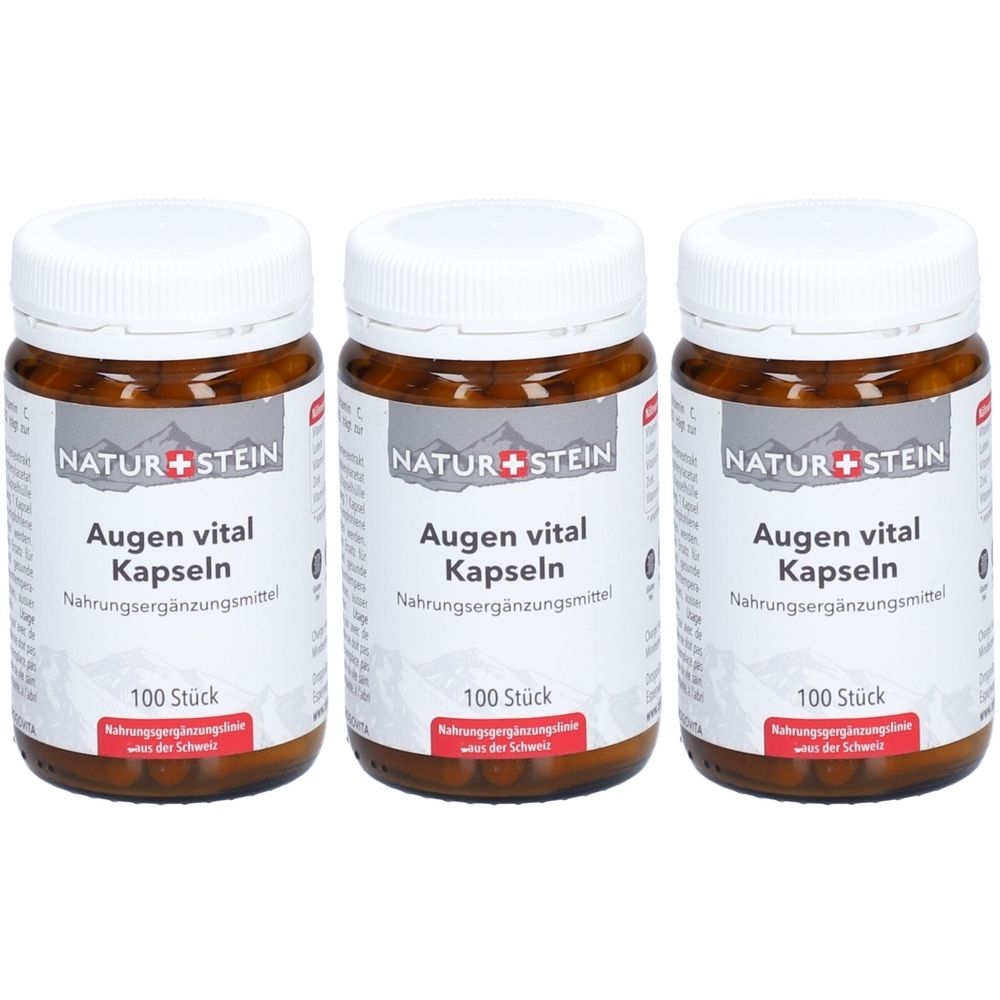 Trois flacons en plastique brun avec des couvercles blancs. Les étiquettes indiquent "NATUR+STEIN Augen vital Kapseln". Chaque flacon contient 100 pièces.