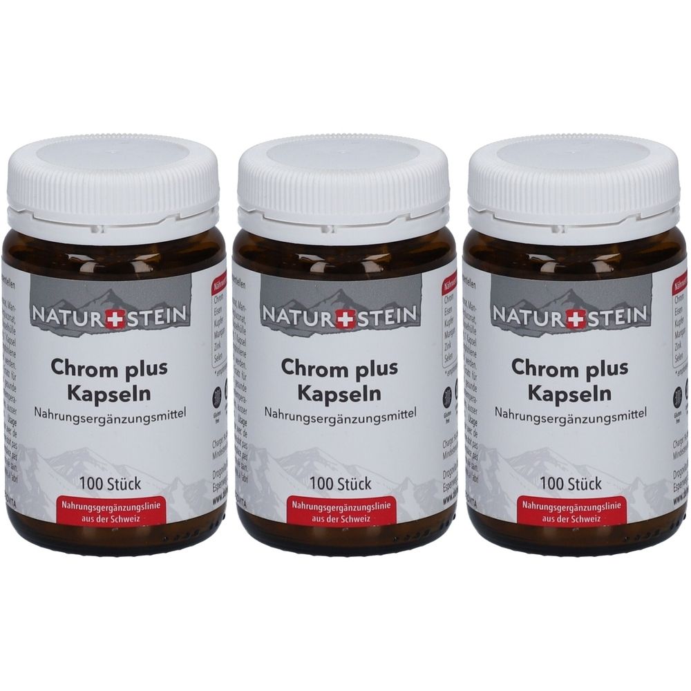 Trois flacons en verre brun avec des couvercles blancs. Les étiquettes indiquent "NATUR+STEIN Chrom plus Kapseln Nahrungsergänzungsmittel". Chaque flacon contient 100 pièces.