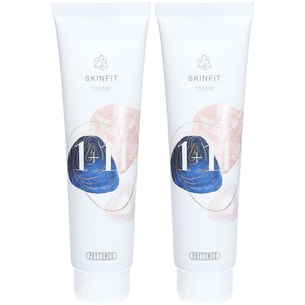 Deux tubes de crème Skinfit. Tubes blancs avec décorations bleues et roses. Inscription Skinfit Creme et 1+11.