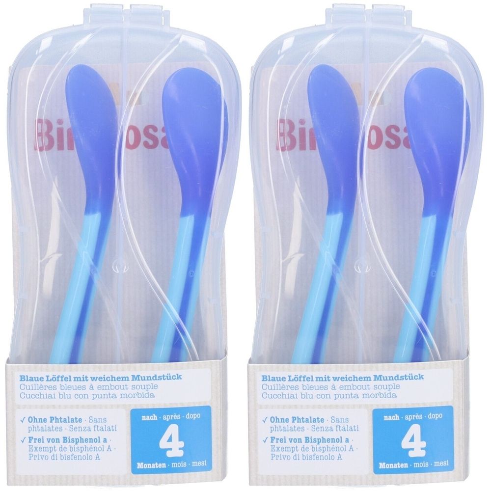 Deux paquets de cuillères pour bébés. Cuillères bleues à embout souple dans des emballages en plastique transparents. Inscription : Bimbosan.