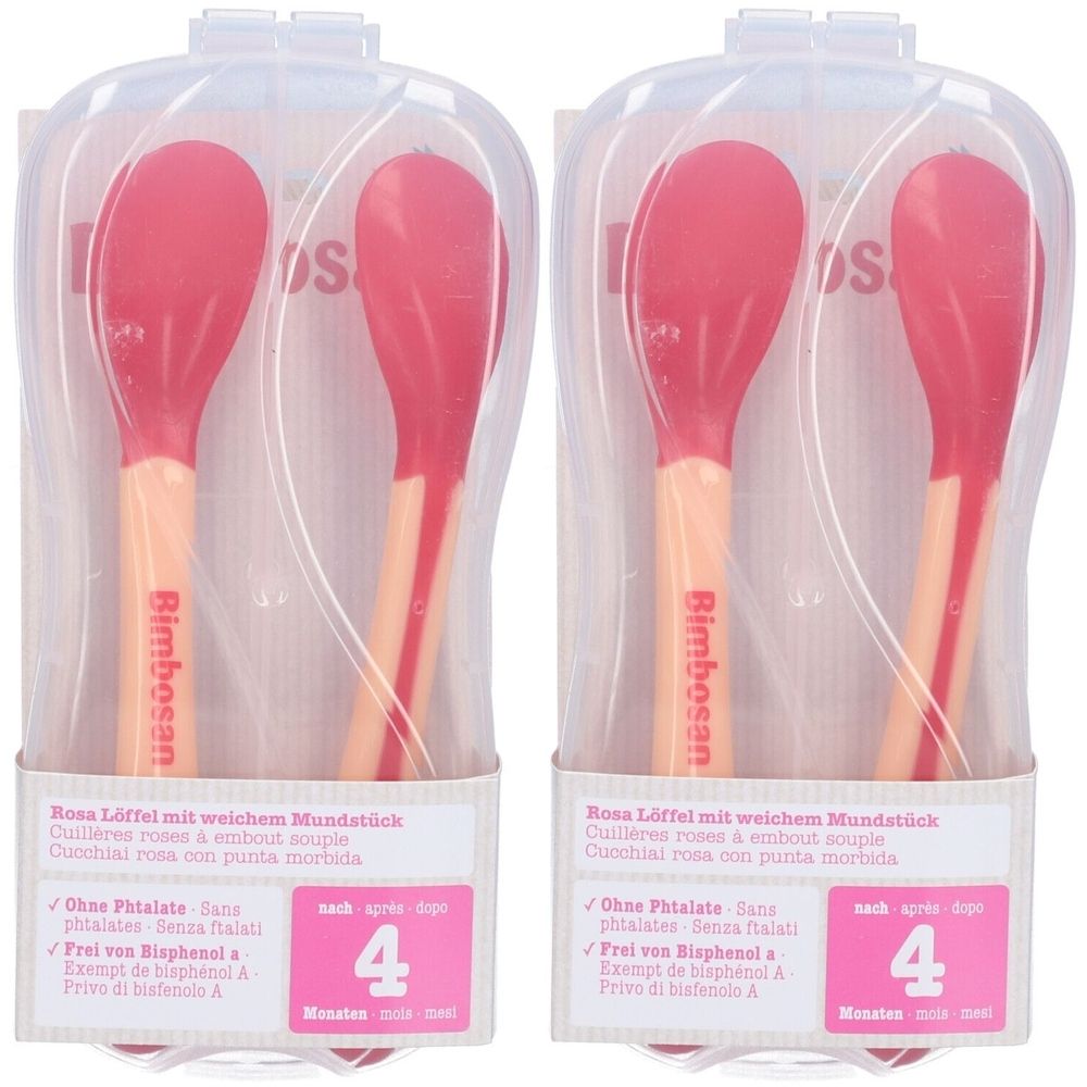 Deux cuillères roses et beiges pour bébé, emballées dans du plastique transparent. Inscription : Bimbosan. Convient à partir de 4 mois.