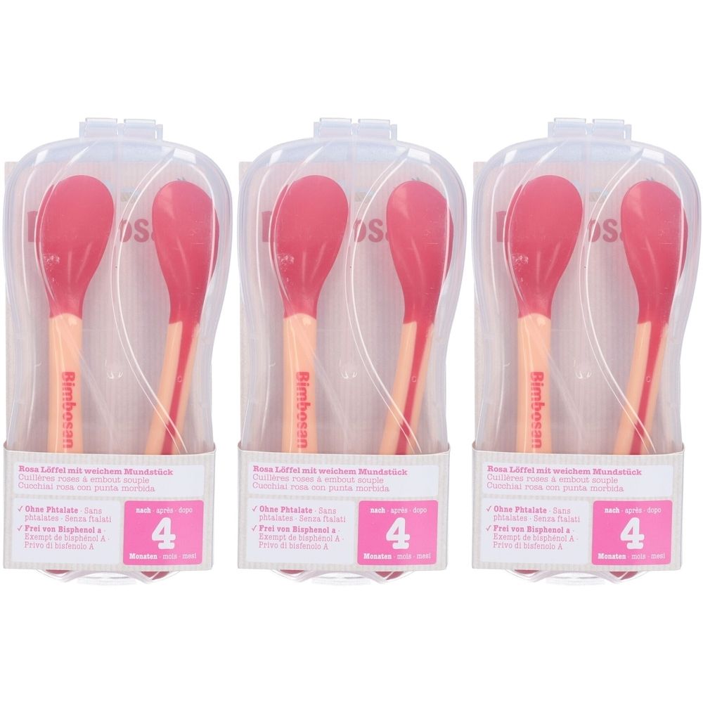 Trois paquets de cuillères pour bébés. Cuillères roses avec manche beige, dans des emballages en plastique transparents. Inscription : Bimbosan.