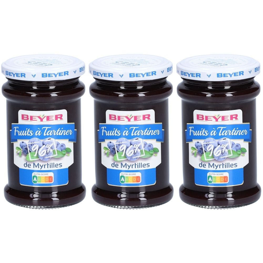 Trois pots de confiture avec couvercles. Étiquette avec marque BEYER, texte "Fruits à Tartiner" et illustration de myrtilles. Classe énergétique A.