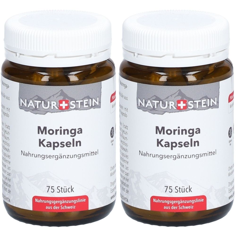 Deux flacons en verre brun avec des couvercles blancs. Les étiquettes indiquent "NATUR+STEIN Moringa Kapseln". Contient 75 pièces. Complément alimentaire.
