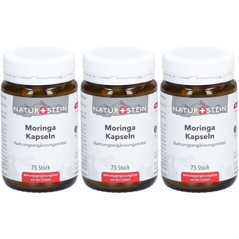 Trois flacons en verre brun avec des couvercles blancs. Les étiquettes indiquent "NATUR+STEIN Moringa Kapseln". Chaque flacon contient 75 pièces.