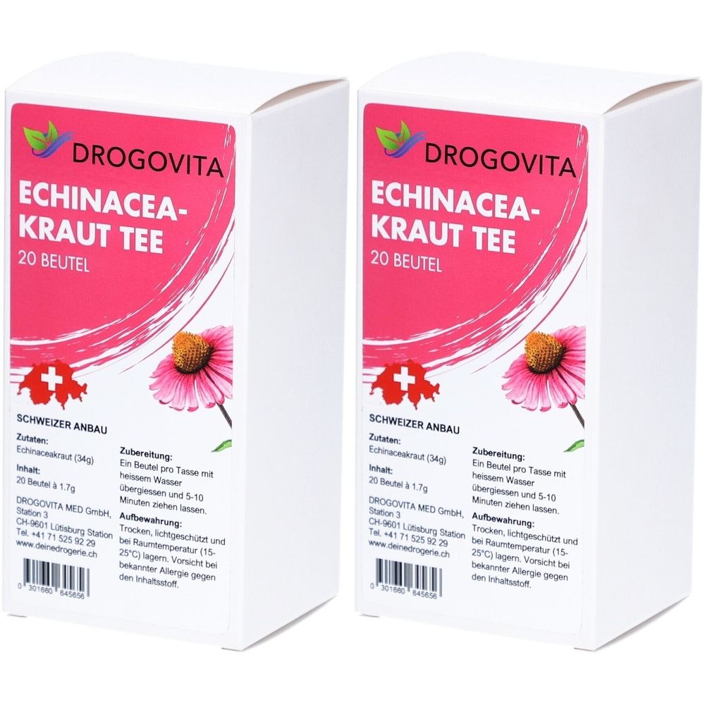 Deux boîtes blanches avec étiquettes roses. Inscription: DROGOVITA, Echinacea-Kraut Tee, 20 sachets. Culture suisse. Illustration d'une fleur.
