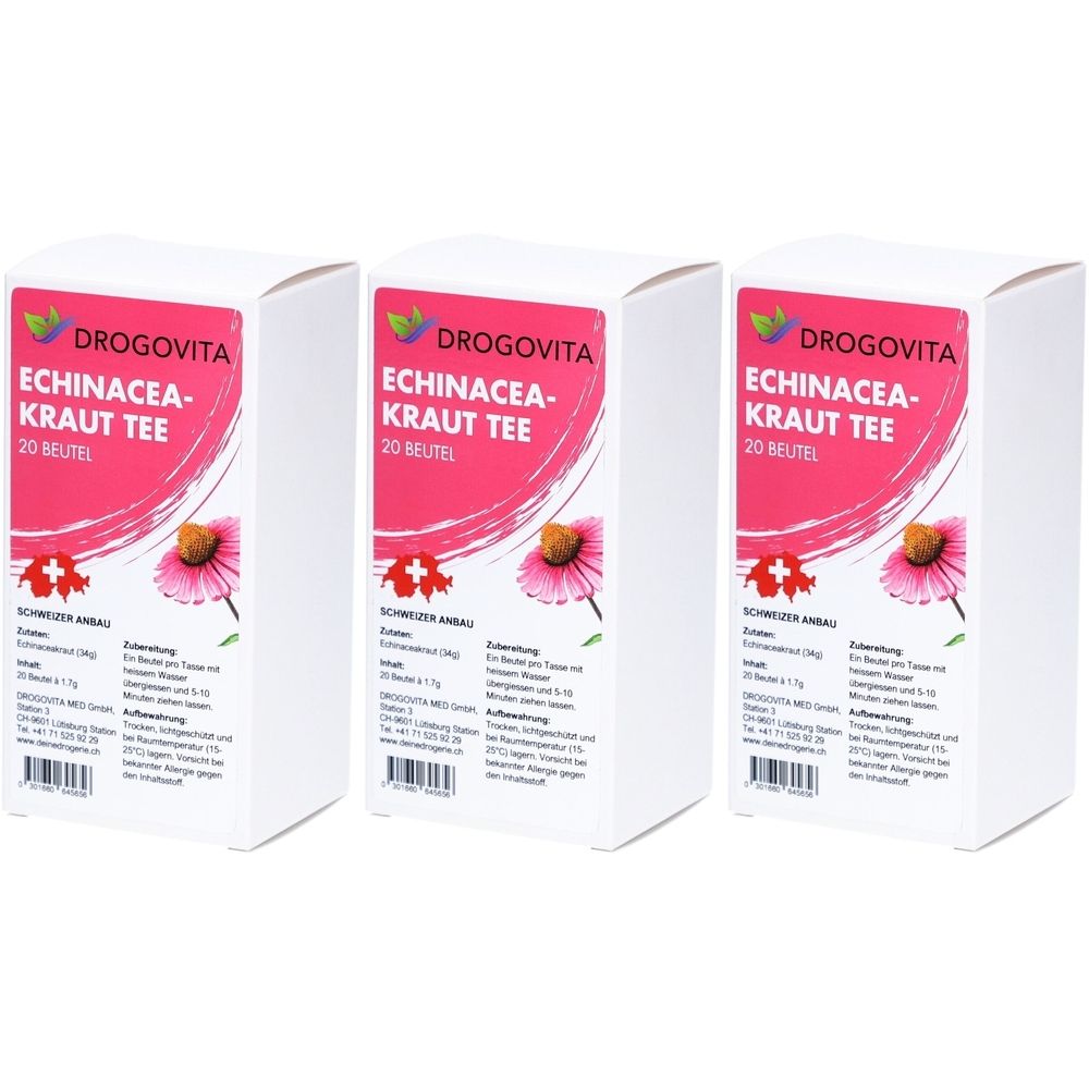 Trois boîtes blanches avec impression. Inscription: DROGOVITA, Echinacea-Kraut Tee, 20 sachets. Cercle rose avec fleur.