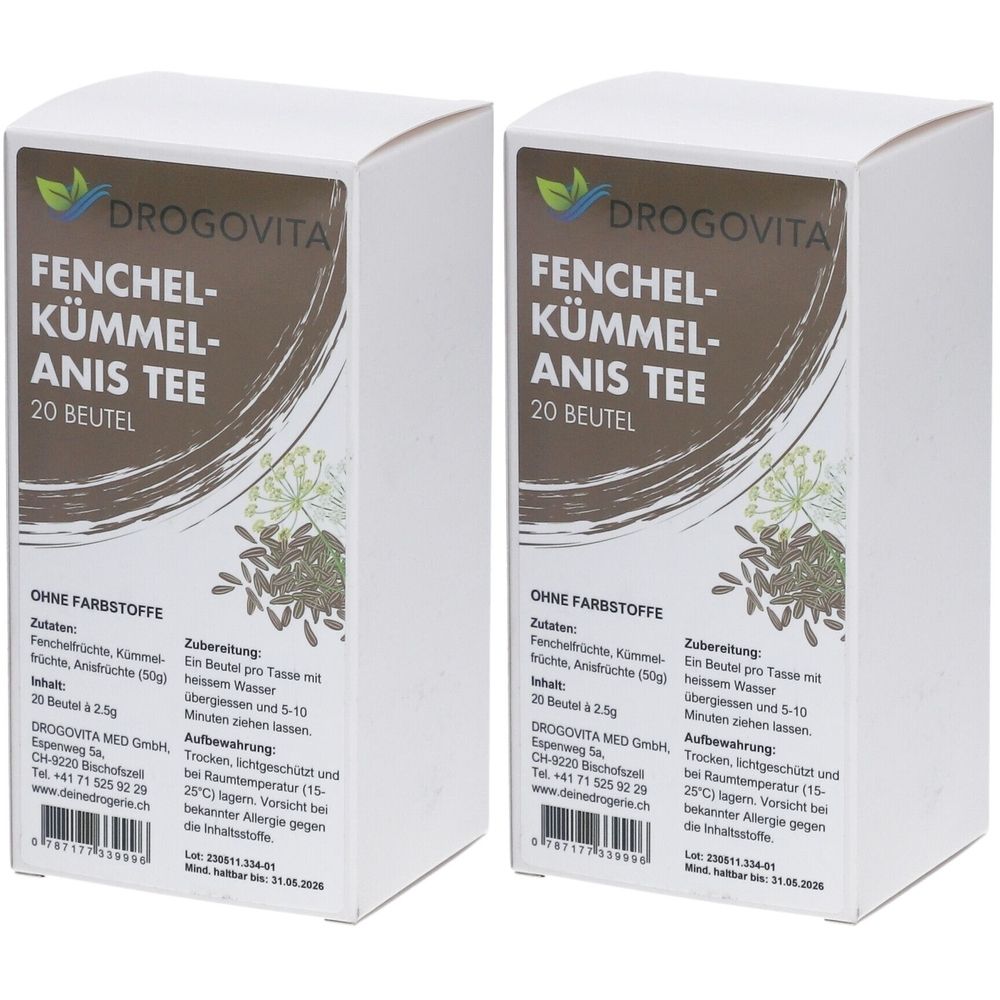 Deux boîtes blanches avec l'inscription DROGOVITA Fenchel-Kümmel-Anis Tee. 20 sachets. Éléments bruns et verts.