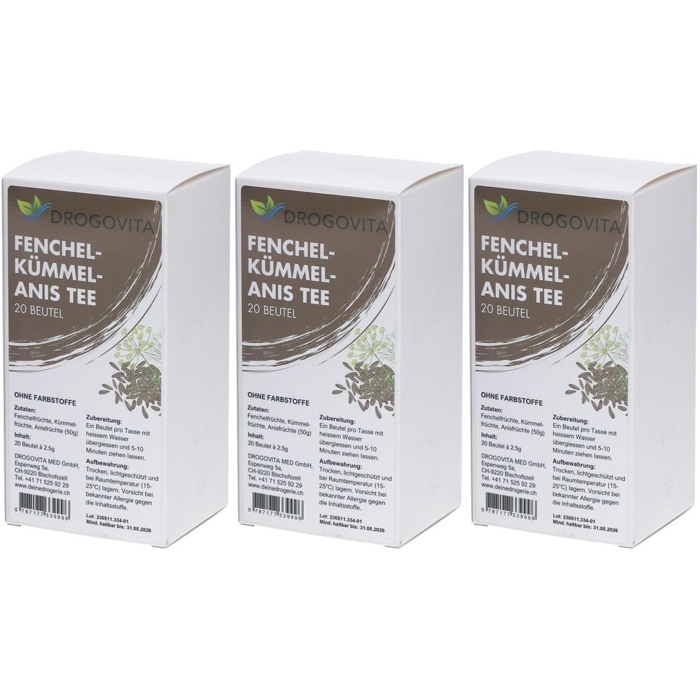 Trois boîtes blanches avec texte. Inscription: Fenchel-Kümmel-Anis Tee, 20 sachets. Marque: DROGOVITA.