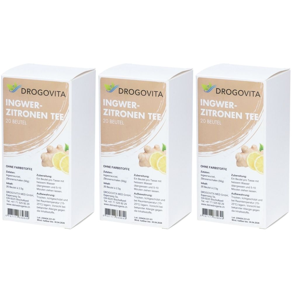 Trois boîtes blanches avec informations produit. Inscription: DROGOVITA Thé Gingembre-Citron, 20 sachets. Illustration de gingembre et citron.