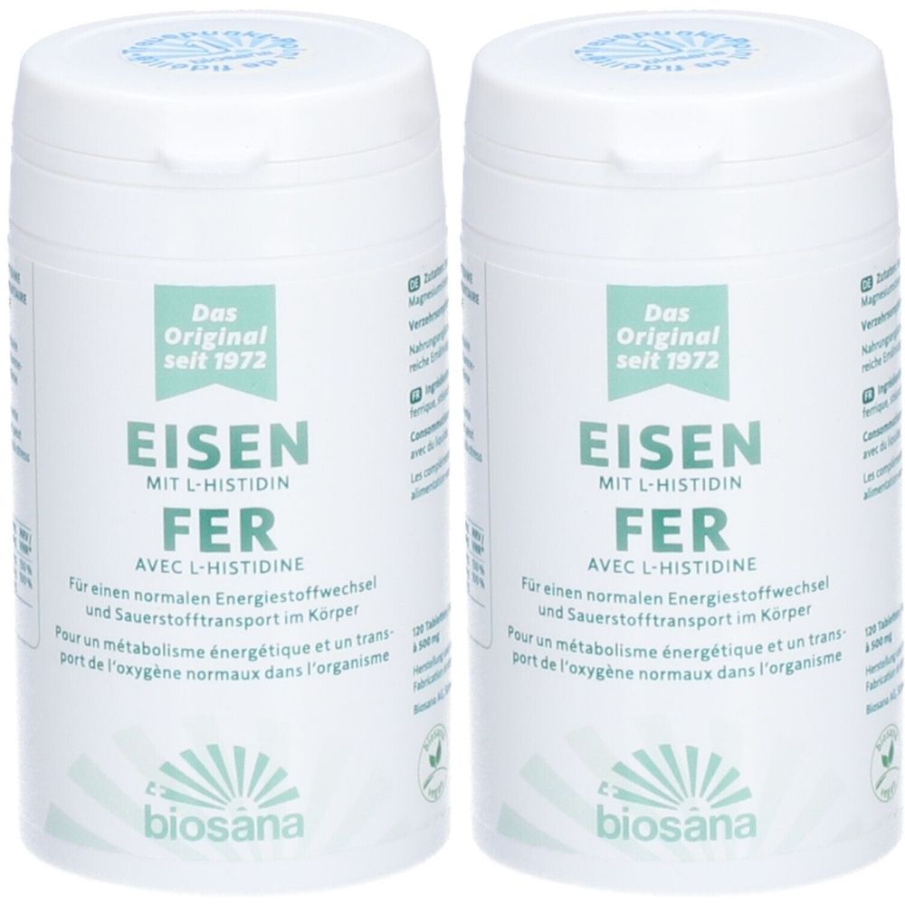 Deux flacons blancs. Inscription: EISEN MIT L-HISTIDIN FER. Marque: biosana. "Das Original seit 1972".