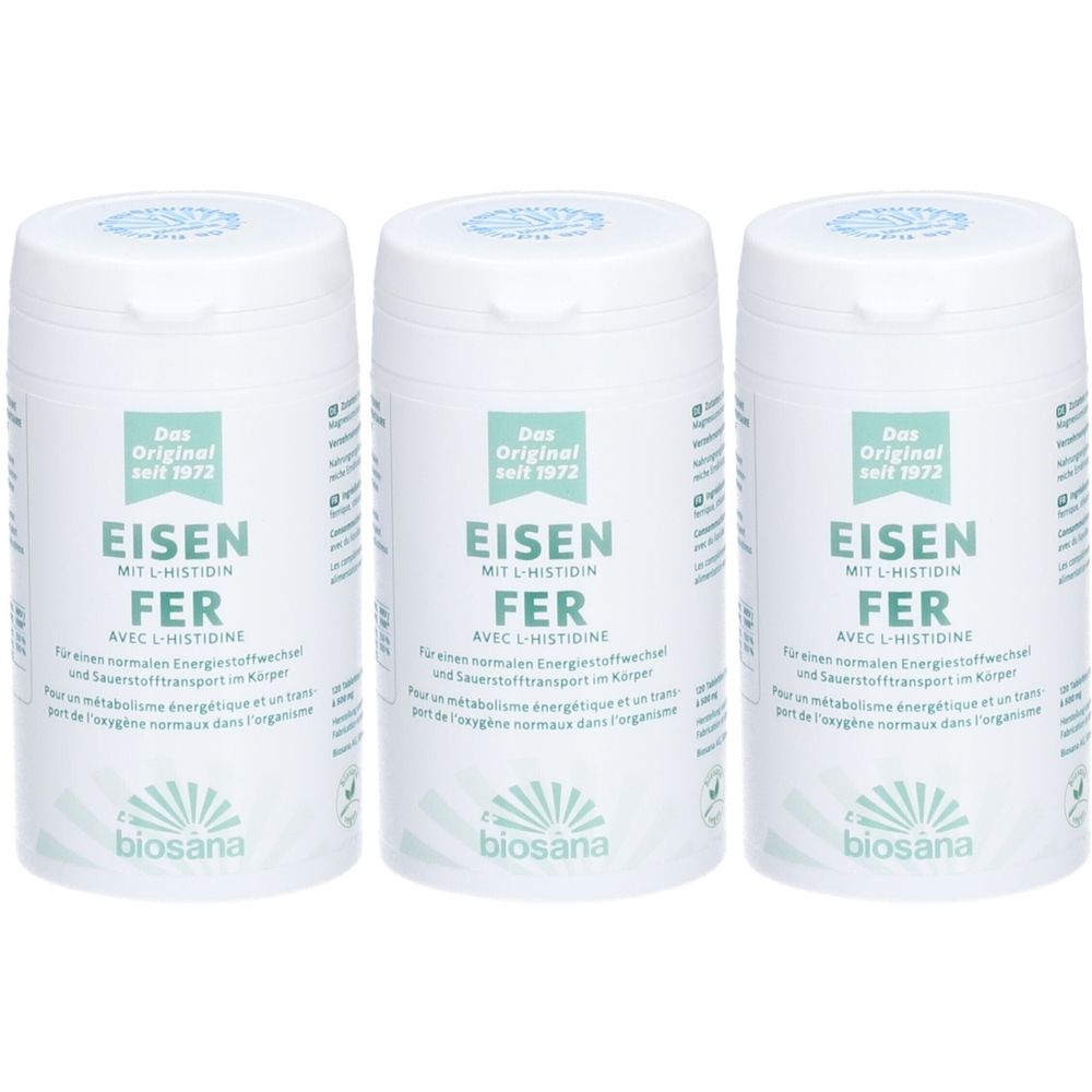 Trois boîtes blanches avec l'inscription "EISEN MIT L-HISTIDIN FER". Le logo "biosana" est visible. Inscription "Das Original seit 1972".