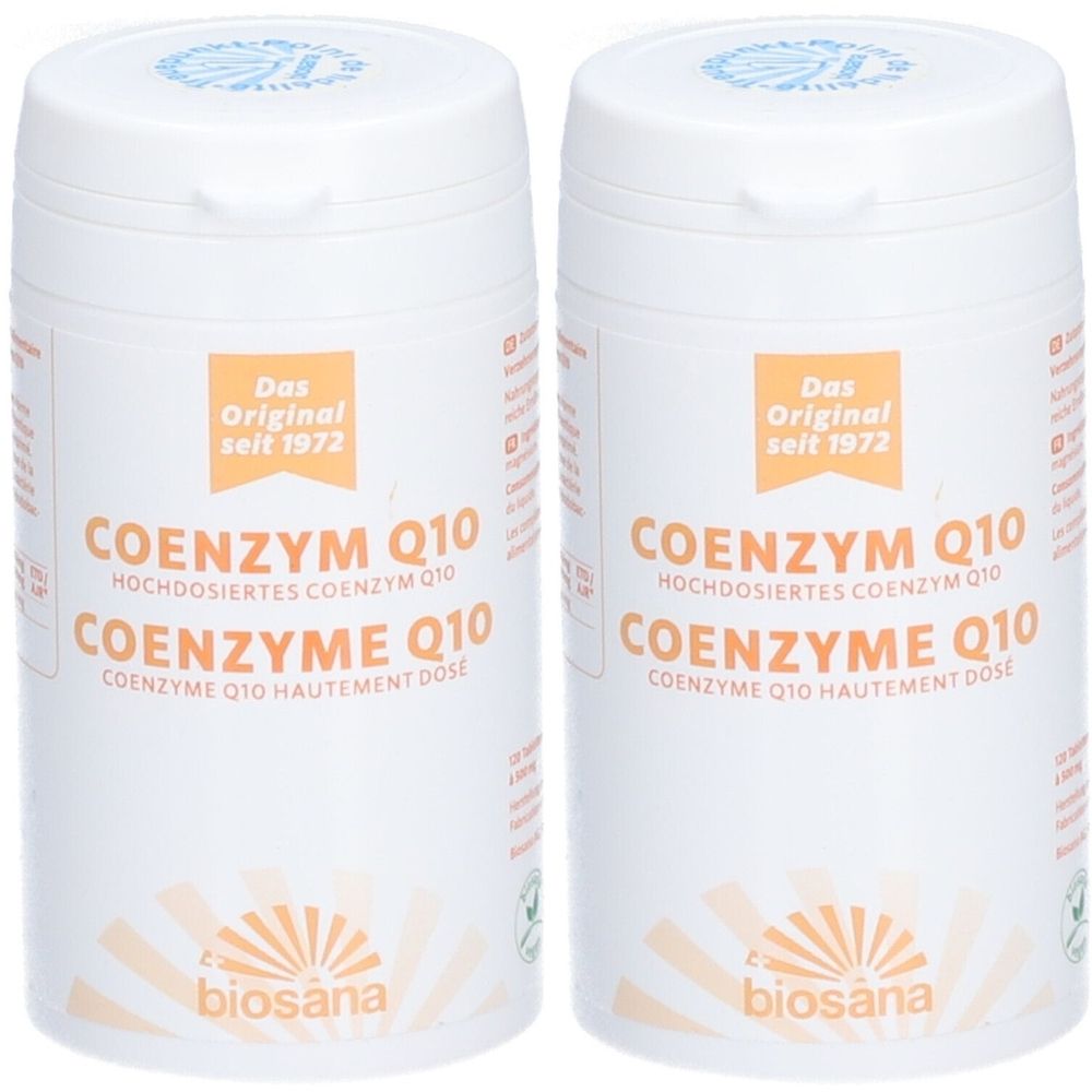 Deux boîtes blanches avec couvercles. Inscription : COENZYM Q10, hautement dosé en coenzyme Q10, Coenzyme Q10. Marque : biosana. Logo orange : Das Original seit 1972.