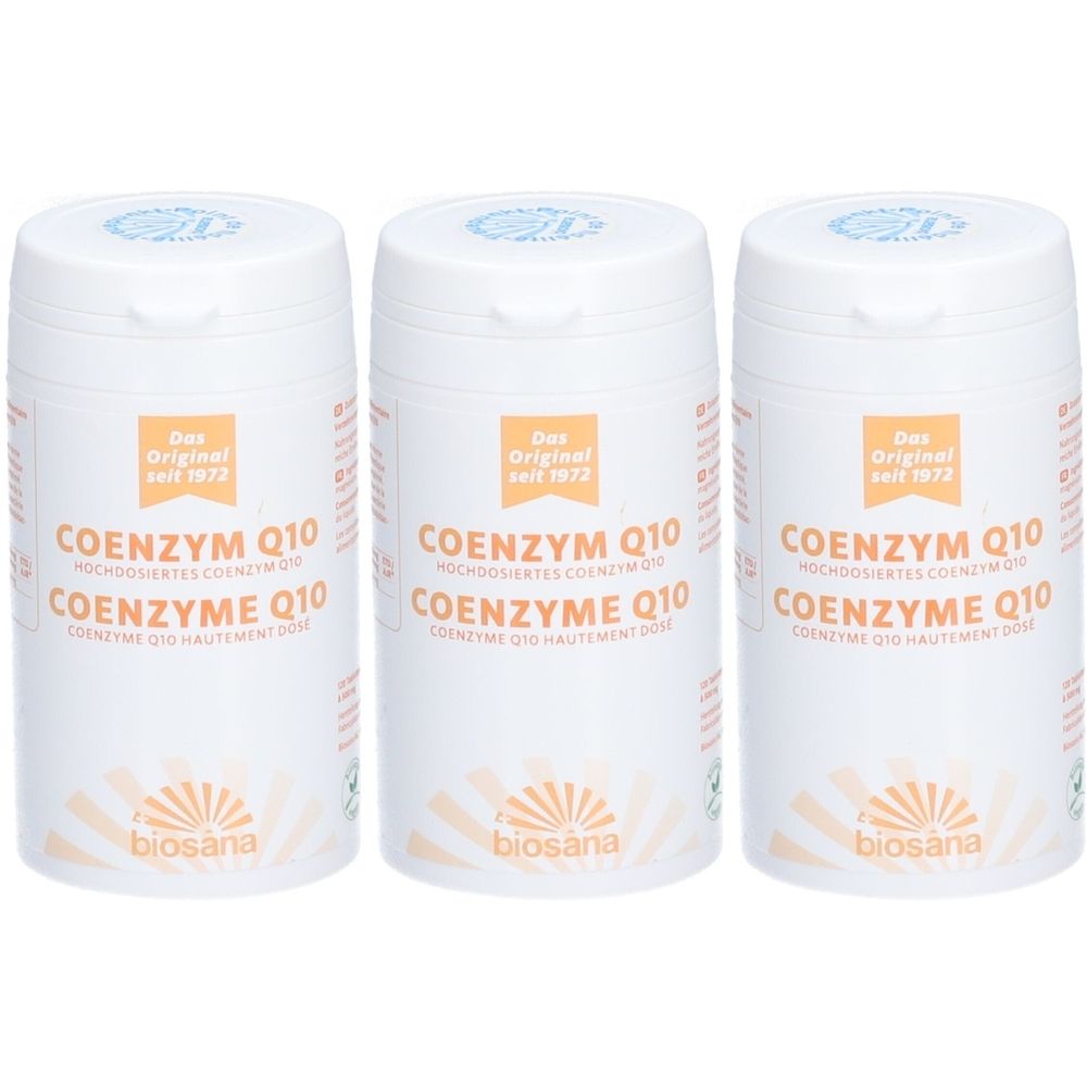 Trois boîtes blanches avec couvercles. Chaque boîte porte "COENZYM Q10" et "biosana". L'étiquette indique "Das Original seit 1972".