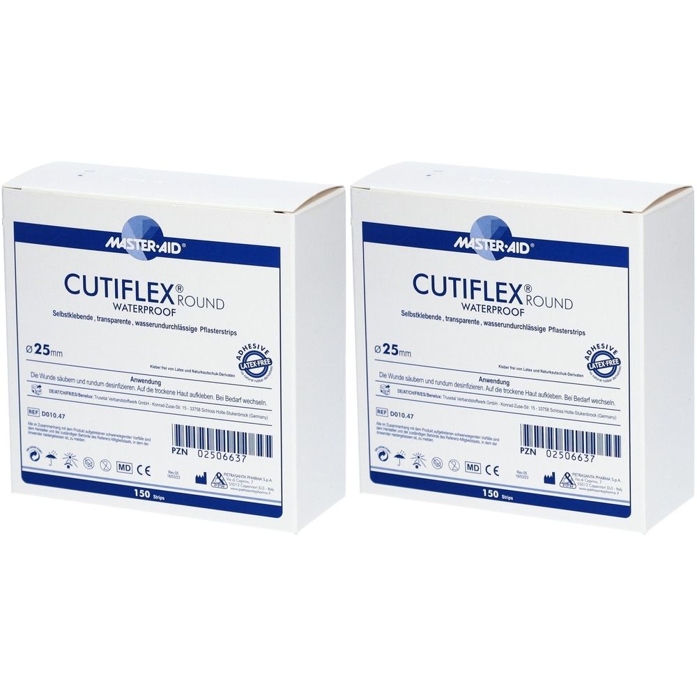 Deux boîtes blanches avec texte. Inscription: CUTIFLEX ROUND WATERPROOF, 25mm. Marque MASTER-AID. 150 pièces. Marquage CE.