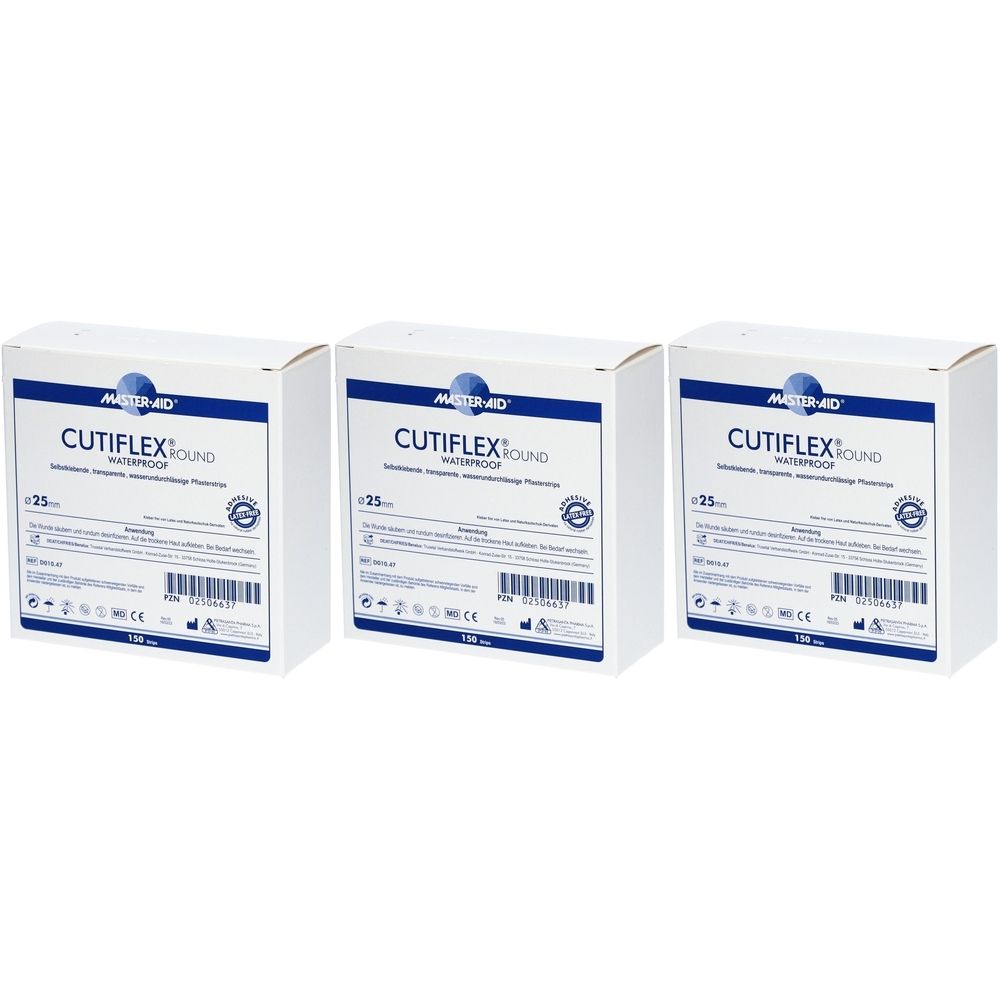 Trois boîtes blanches avec texte bleu. Inscription: CUTIFLEX Round, waterproof. Chaque boîte contient 150 pansements.
