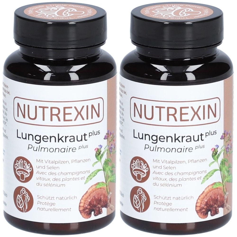 Deux flacons de NUTREXIN Lungenkraut plus. Flacons bruns avec étiquettes blanches. Texte: NUTREXIN, Lungenkraut plus, Pulmonaire plus. Avec champignons, plantes et sélénium.