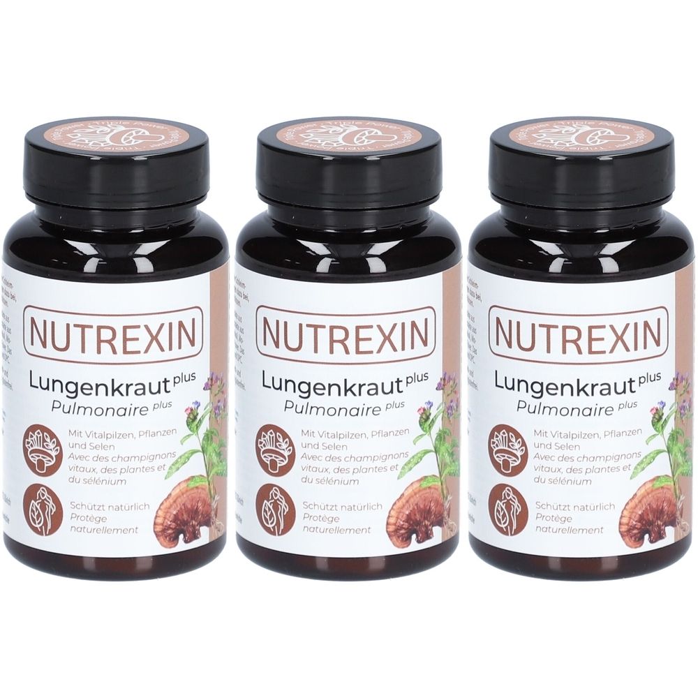 Trois flacons de gélules brunes. Les étiquettes indiquent NUTREXIN Lungenkraut plus Pulmonaire plus. Bouchons noirs.