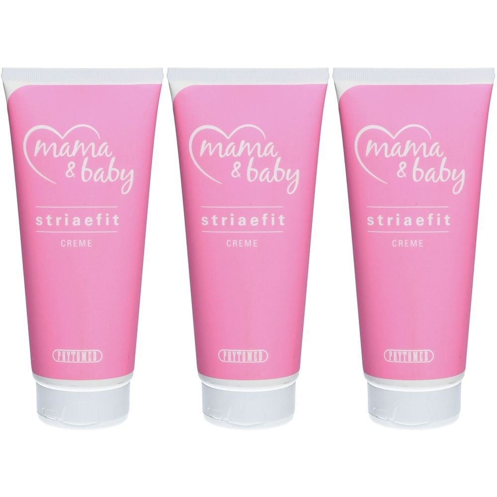 Trois tubes roses avec bouchons blancs. Chaque tube porte l'inscription blanche "mama & baby", "striaefit" et "CREME".