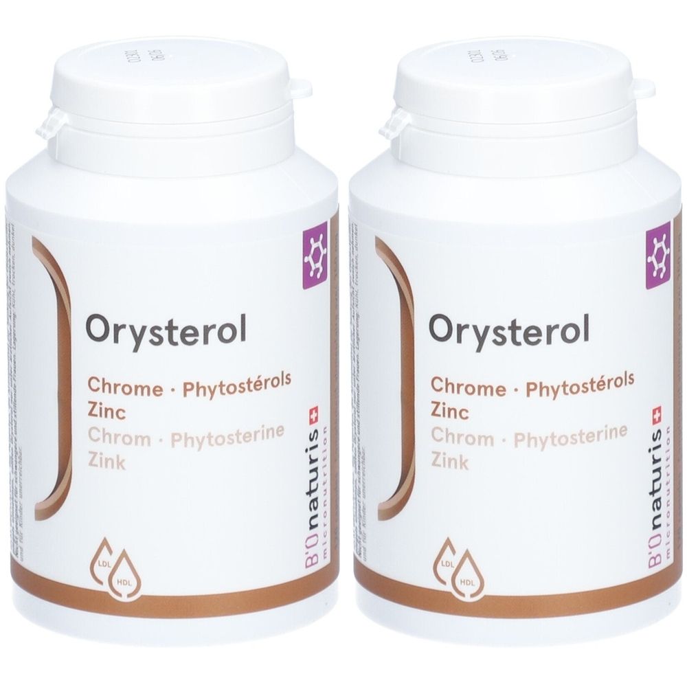 Deux flacons blancs avec bouchons à vis. Inscription : Orysterol, Chrome, Phytostérols, Zinc, Chrom, Phytosterine, Zink. Marque : B'onaturis.