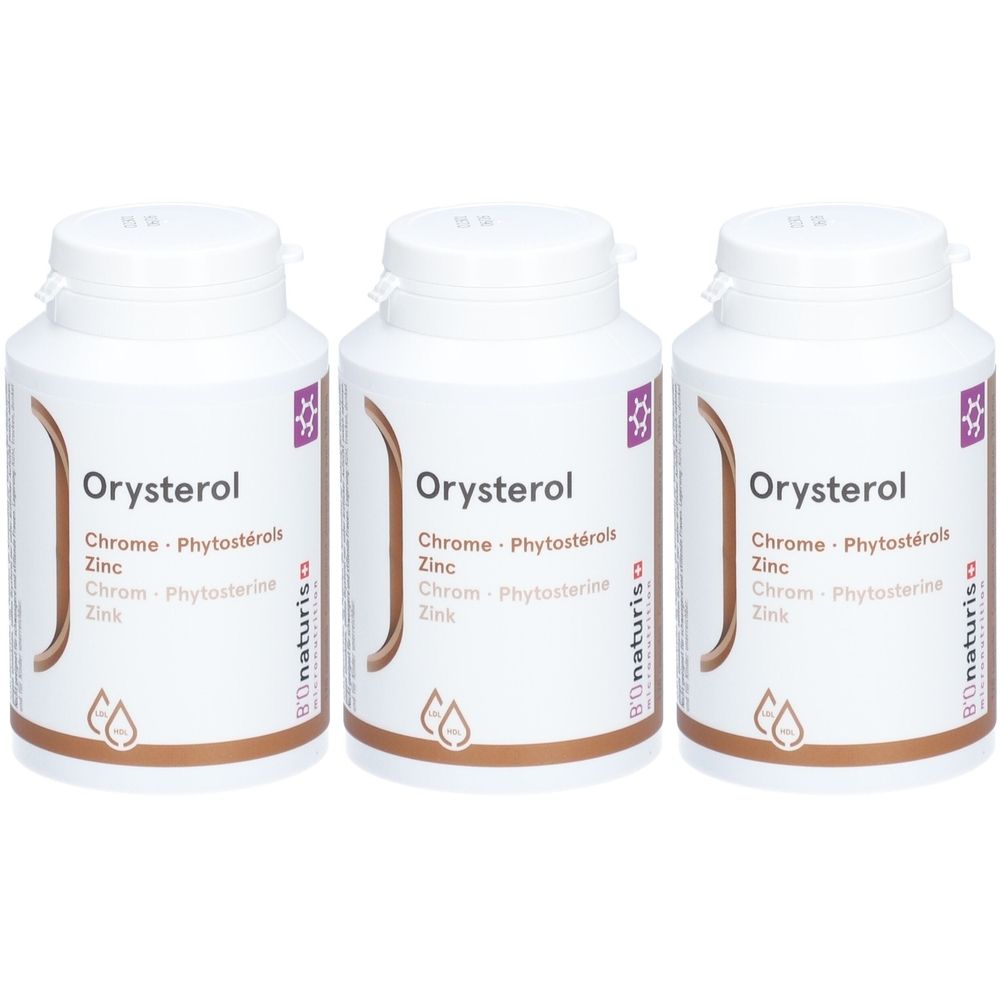 Trois flacons blancs avec l'inscription "Orysterol". Inscription : Chrome, Phytostérols, Zinc. Marque : Bionaturis.