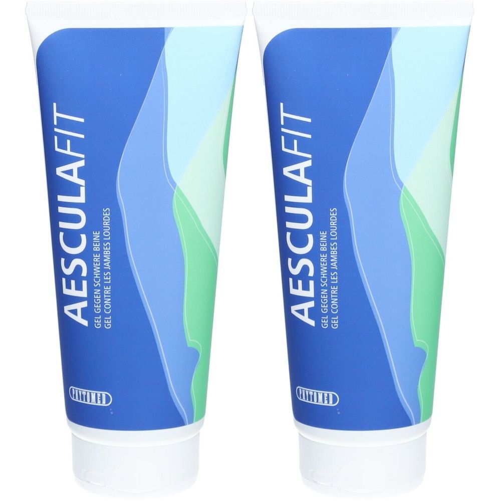 Deux tubes de gel Aesculafit. Emballage bleu et blanc avec nom du produit et texte en allemand et français. Bouchon blanc.