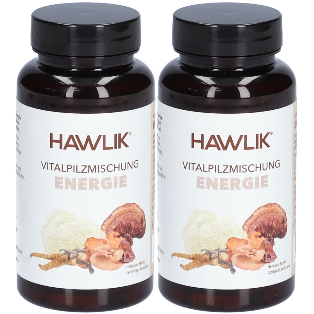 Deux flacons bruns avec couvercles noirs. Étiquettes: "HAWLIK Vitalpilzmischung Energie". Illustrations de champignons en dessous.