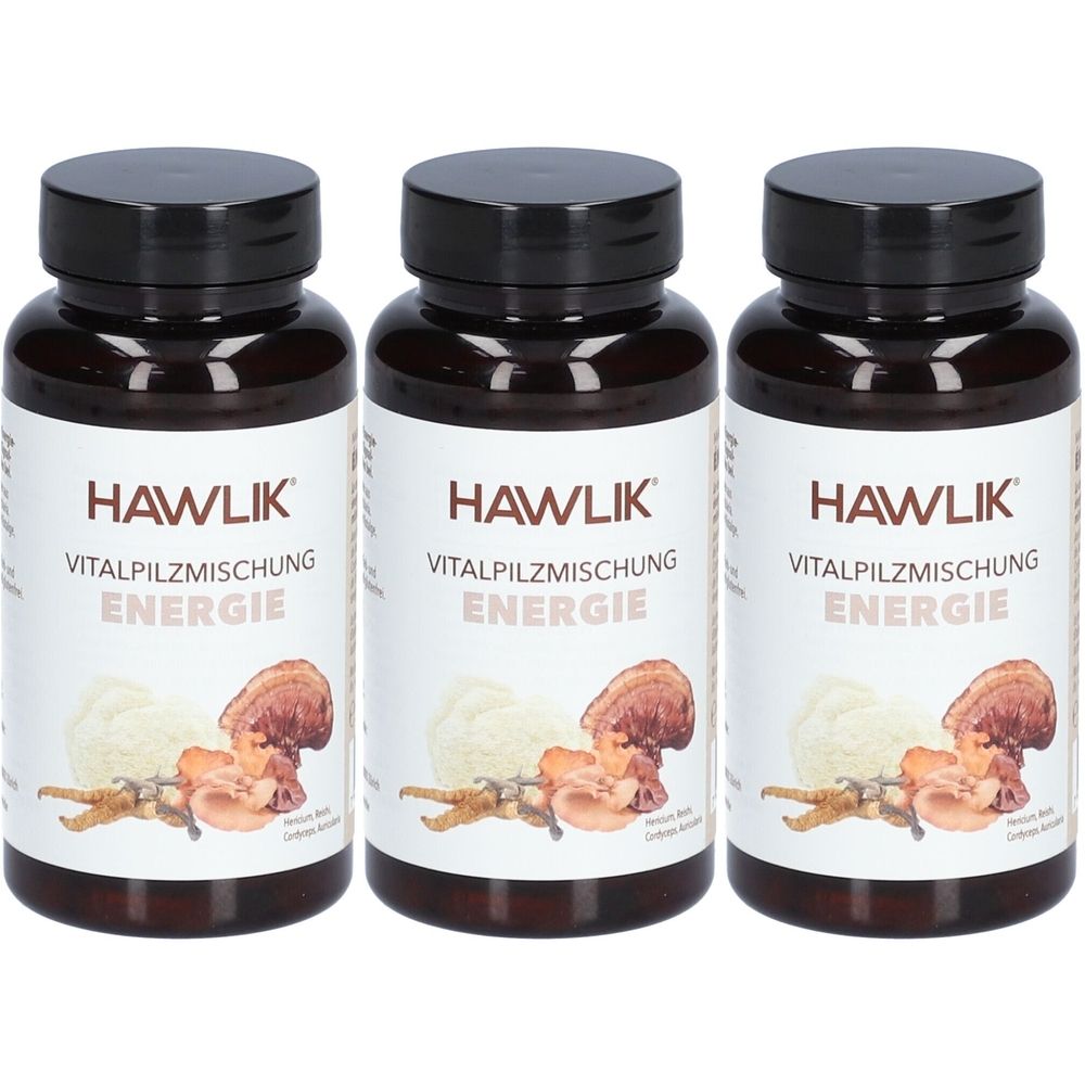 Trois flacons bruns avec des couvercles noirs. Les étiquettes indiquent "HAWLIK Vitalpilzmischung Energie".