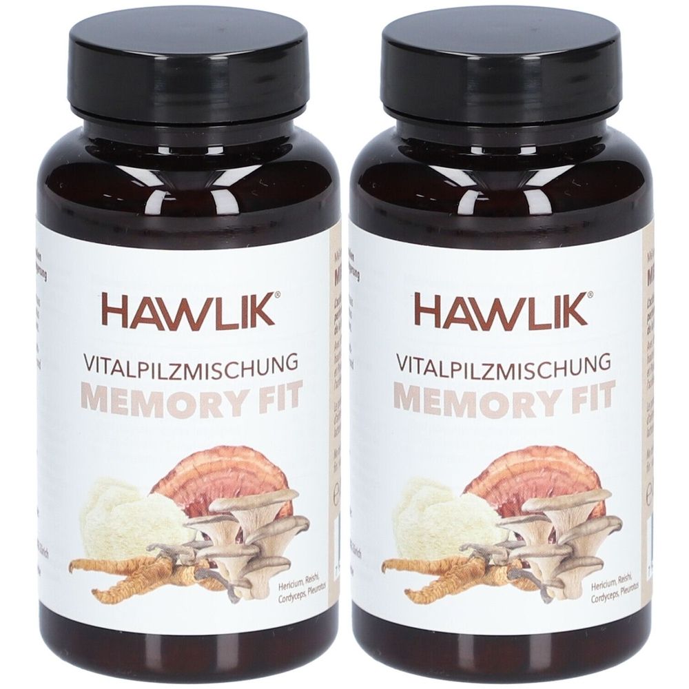 Deux flacons bruns avec couvercles noirs. Inscription: HAWLIK Vitalpilzmischung Memory Fit. Illustration de champignons.