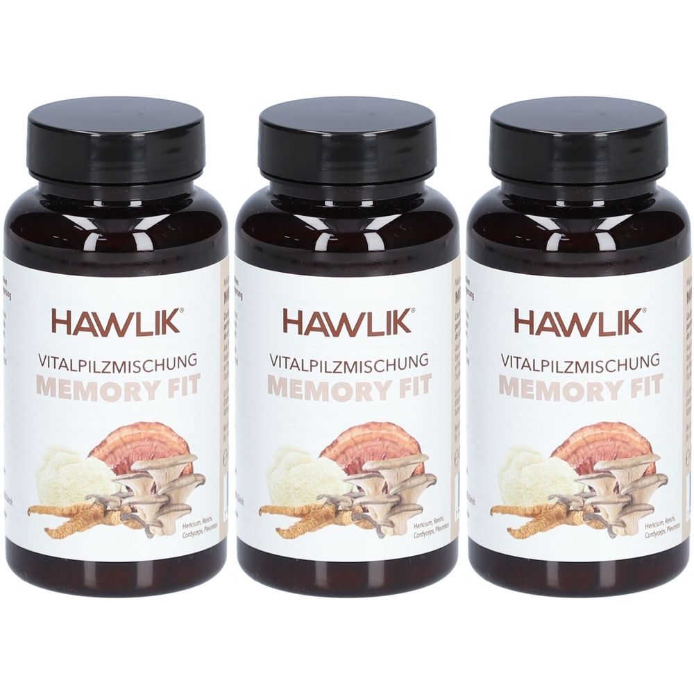 Trois flacons avec couvercles noirs. Inscription: HAWLIK Vitalpilzmischung Memory Fit. Illustration de champignons et d'herbes.