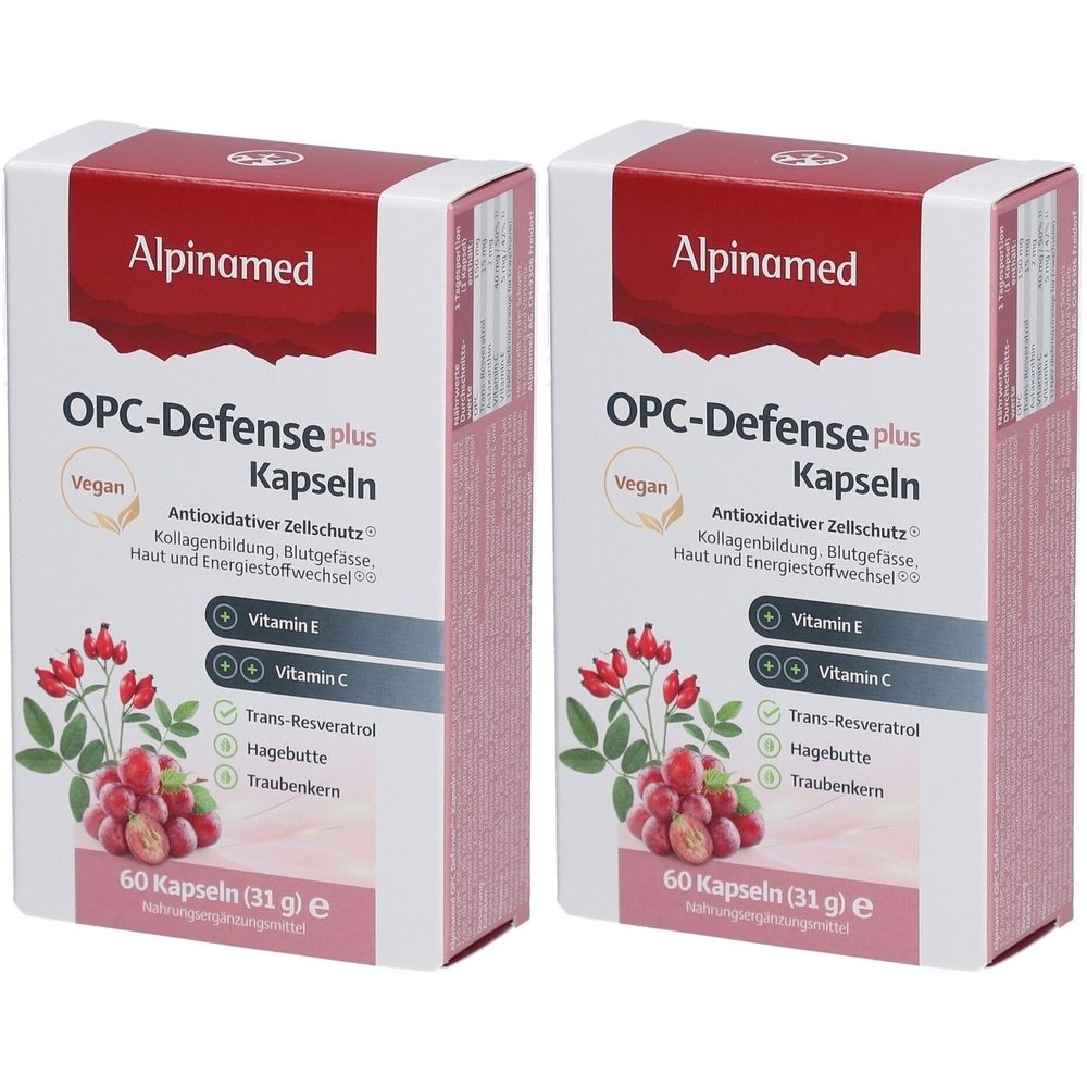 Deux boîtes de gélules Alpinamed OPC-Defense plus. Inscriptions : Vegan, Vitamine E, Vitamine C, Trans-Resvératrol, Cynorrhodon, Pépins de raisin, 60 gélules.