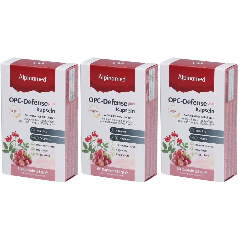 Trois boîtes de gélules Alpinamed OPC-Defense plus. Chaque boîte affiche le nom du produit, le logo, les ingrédients et 60 gélules.