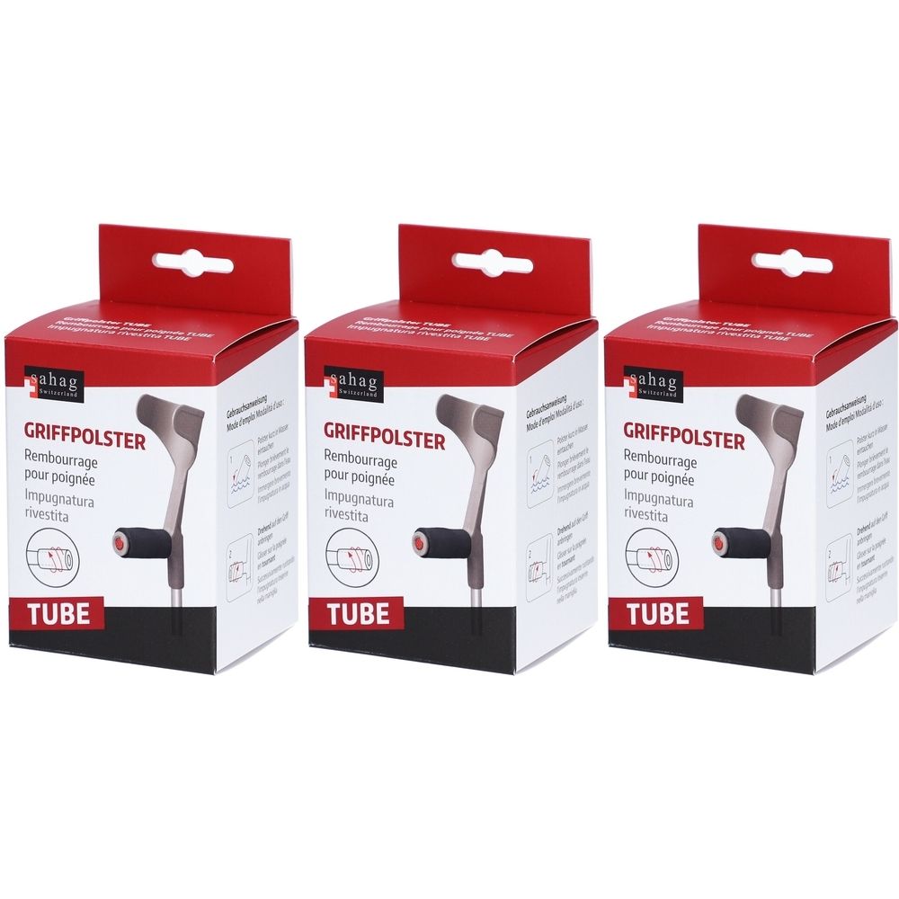 Trois boîtes de coussinets de poignée. Emballage rouge et blanc avec image du produit et texte. Marque : ahag.