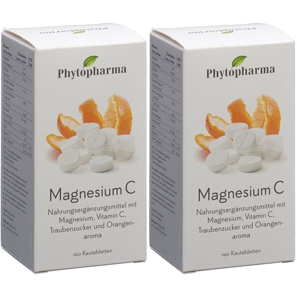 Deux boîtes de "Magnesium C" de Phytopharma. Comprimés blancs et tranches d'orange sur l'emballage.