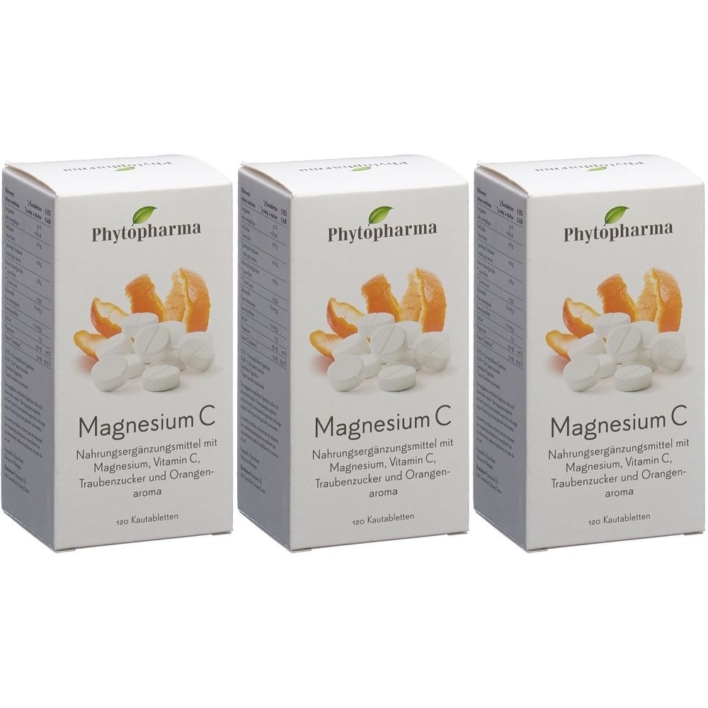Trois boîtes de « Phytopharma Magnesium C ». Chaque boîte présente des comprimés, des morceaux d'orange et des informations sur le produit.
