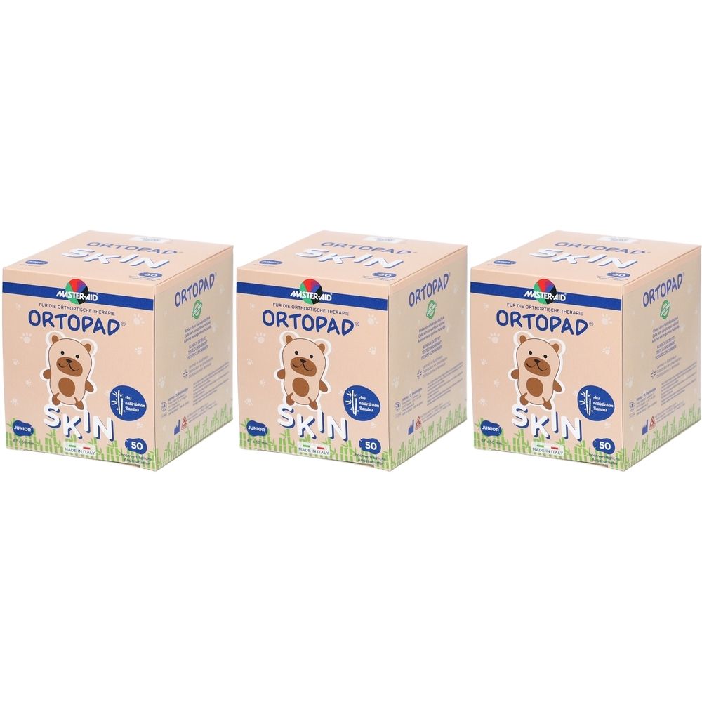 Trois boîtes ORTOPAD Skin. Impression : ours, mot Skin et 50. Emballage pour pansements oculaires.