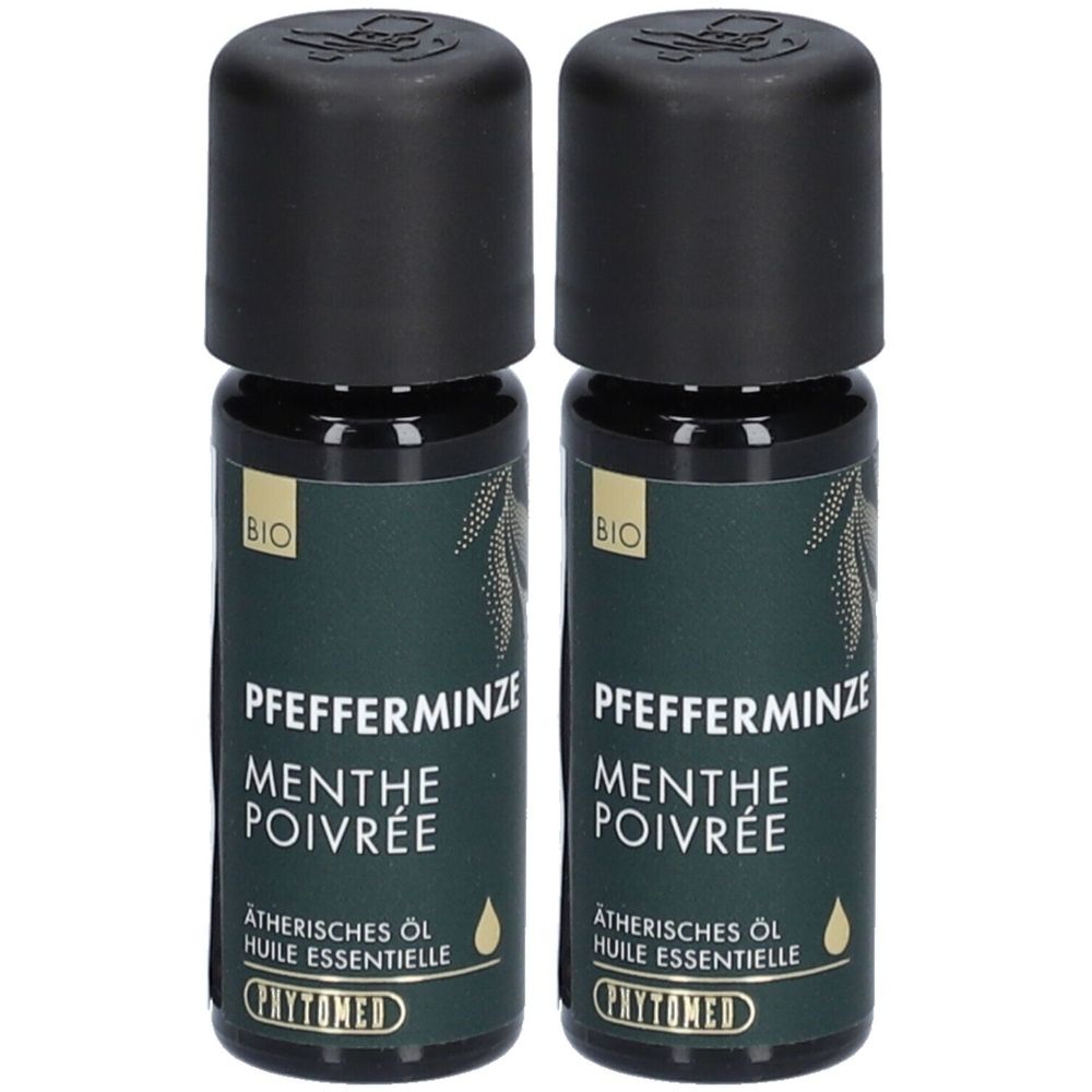 Deux flacons avec bouchons noirs. Inscription: Pfefferminze, Menthe Poivrée, Huile essentielle. Marque: PHYTOMED. Label BIO.