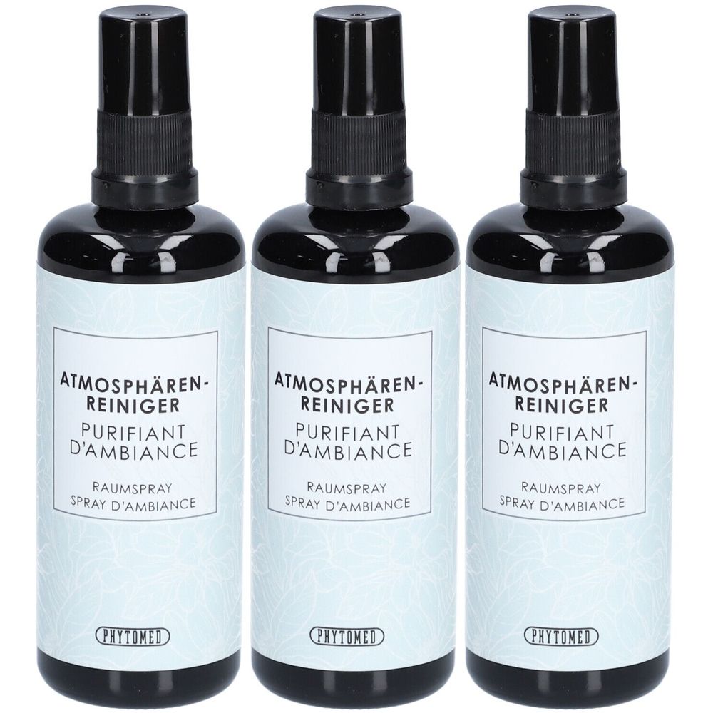 Trois flacons pulvérisateurs noirs avec étiquette blanche. Inscription: Atmosphärenreiniger, Purifiant d'Ambiance, Raumspray. Marque: Phytomed.