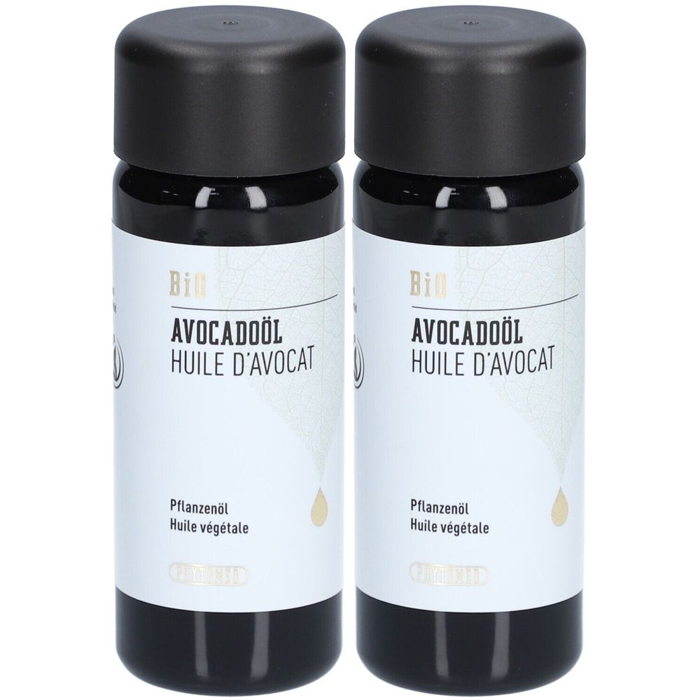 Deux flacons avec bouchons noirs. Étiquettes avec "AVOCADOÖL HUILE D'AVOCAT" et "Pflanzenöl".