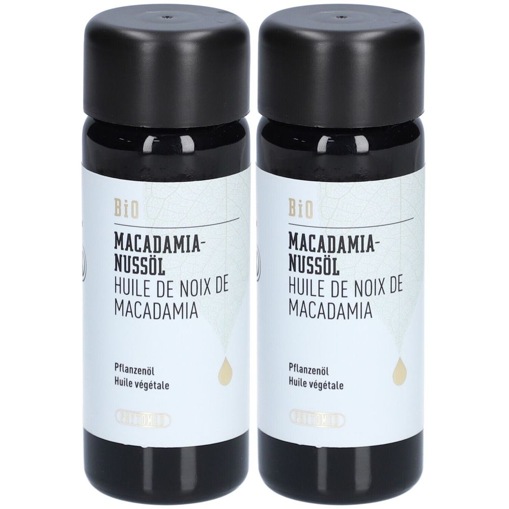 Deux flacons avec bouchons noirs. Étiquettes: Huile de noix de macadamia, Bio. Huile végétale. Illustration de goutte.