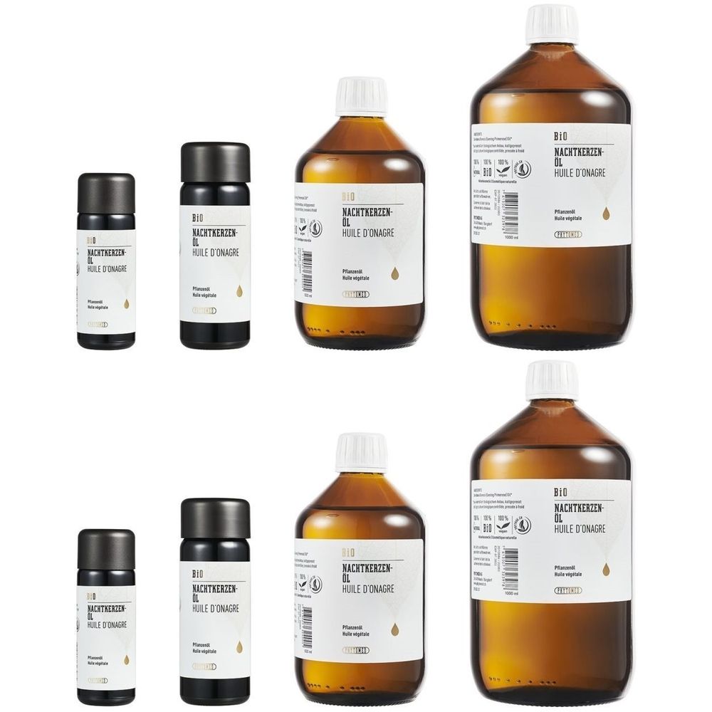 Plusieurs flacons d'huile brune. Inscription : BIO Huile d'onagre. Différentes tailles, étiquettes blanches.