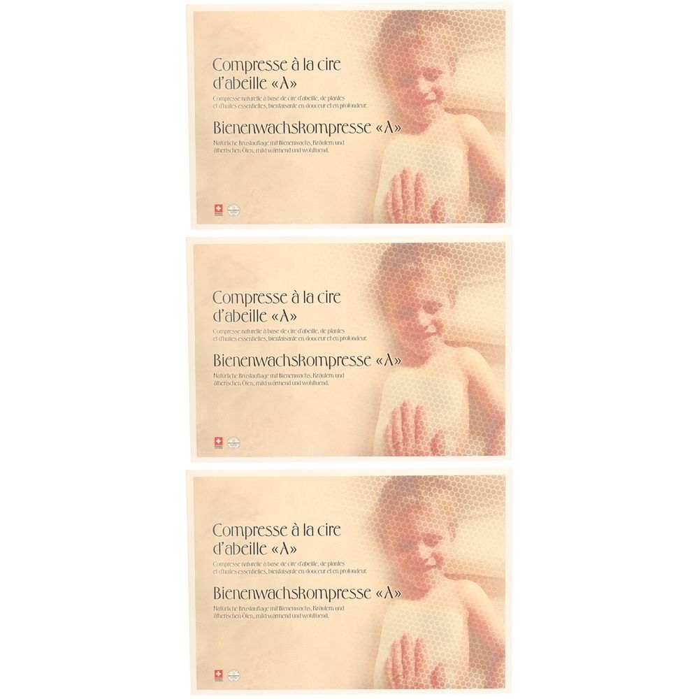 Trois emballages avec texte: Compresse à la cire d'abeille «A» et Bienenwachskompresse «A». Enfant en arrière-plan.