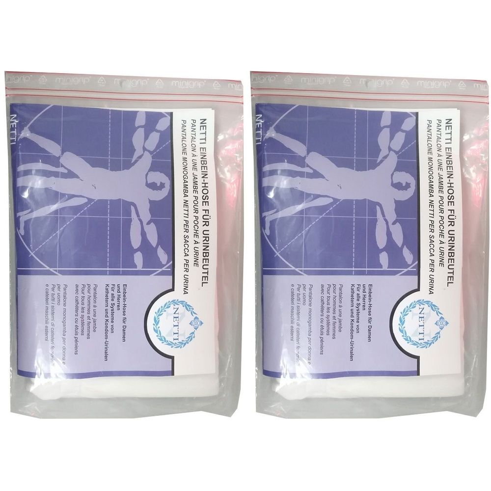 Deux pantalons NETTI pour poche à urine emballés. Chaque emballage contient un produit blanc avec une étiquette bleue et du texte.