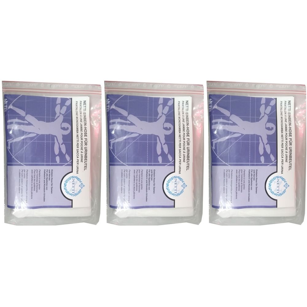 Trois emballages de NETTI, pantalon pour poche à urine. Chaque emballage a une étiquette bleue avec du texte et un schéma humain.