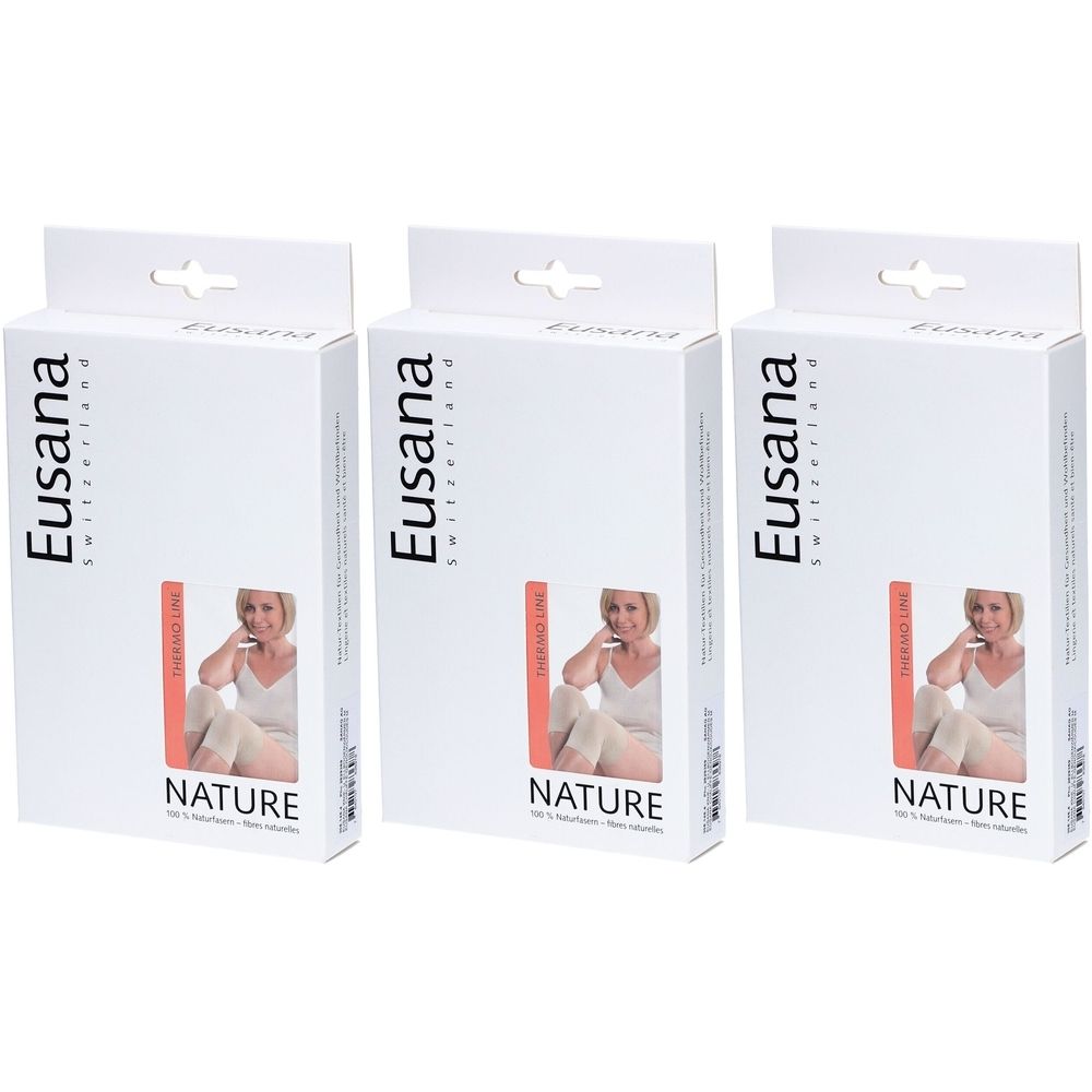Trois boîtes blanches. Impression: marque Eusana, image d'une femme, texte NATURE. Genouillères beiges illustrées.