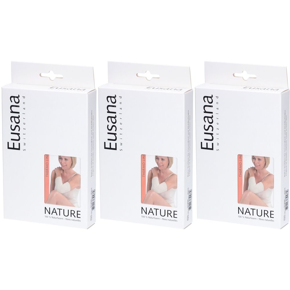 Trois boîtes blanches "Eusana Switzerland". Texte "NATURE" et image d'une femme. Emballage pour produit de santé.