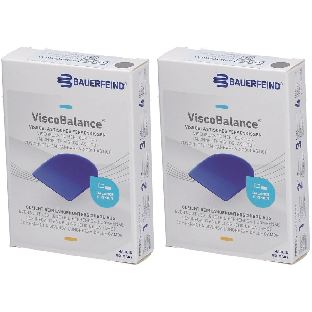 Deux boîtes de coussinets de talon ViscoBalance. Boîtes blanches avec image de coussin bleu. Marque : Bauerfeind.