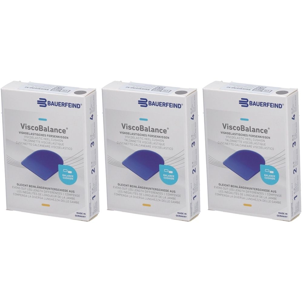 Trois boîtes de produit ViscoBalance Bauerfeind. Boîtes blanches avec insert bleu. Impression: ViscoBalance, logo, informations produit.